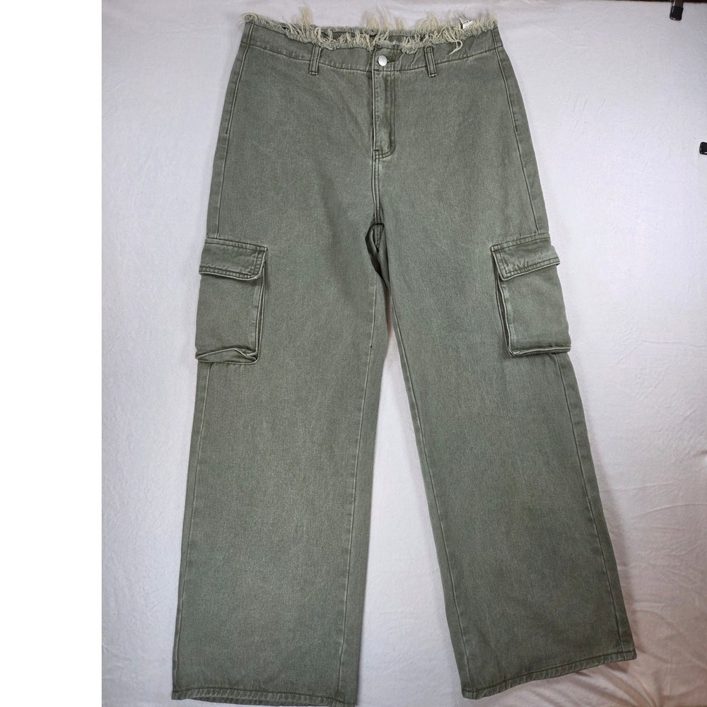 Women Wide 23 inch Leg Cargo Sage Gray Denim Jean Pant 34 waist Fray High Grunge